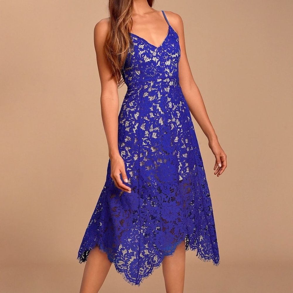 One Wish Royal Blue Lace Midi Dress S Lulus